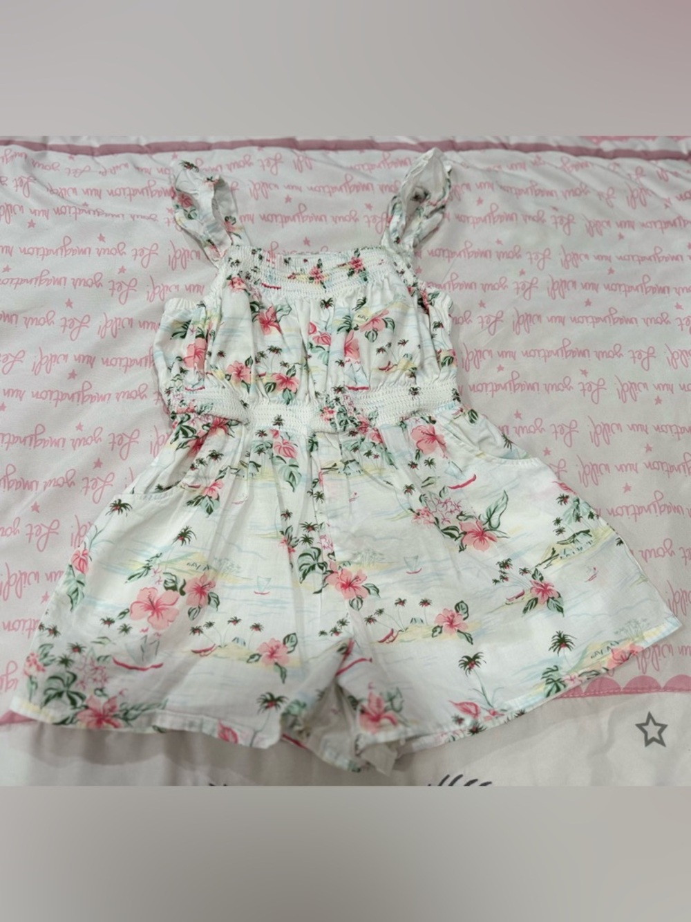 2T, Janie and Jack White Romper with Pink Floral Hibiscus Print
